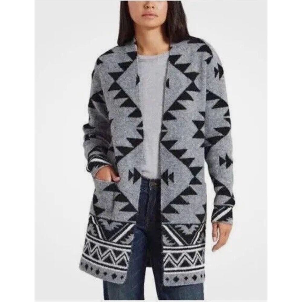 Frye Cardigan Women Gray Black Aztec Open‎ Front Knit Longline Size Small